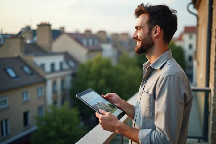 Homme consultant une annonce immobilière sur tablette depuis la terrasse d'un appartement en ville