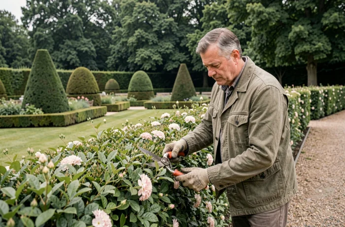 Homme taillant une haie fleurie dans un jardin à la française avec des topiaires et des allées en gravier