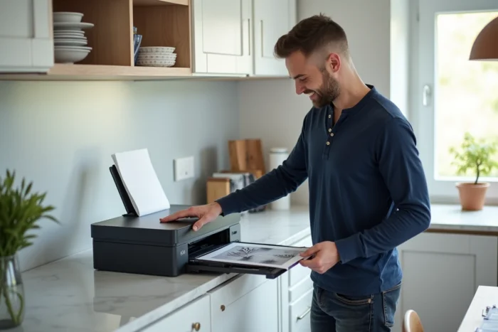 Homme récupérant une affiche personnalisée imprimée depuis une imprimante à domicile dans une cuisine moderne