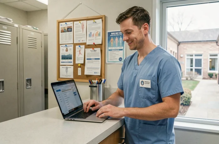 Infirmier consultant un portail de ressources médicales sur ordinateur portable dans une salle de pause hospitalière
