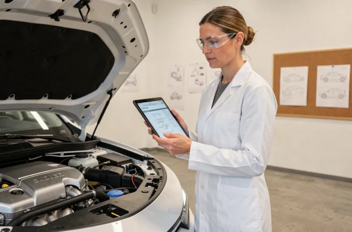 Ingénieure automobile inspectant le moteur d'un concept car hybride dans un studio de design contemporain
