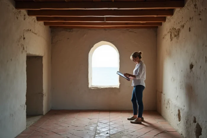 Intérieur d'une petite maison de pêcheur au Portugal en cours d'évaluation pour rénovation, murs en pierre apparente et sol en tomettes anciennes