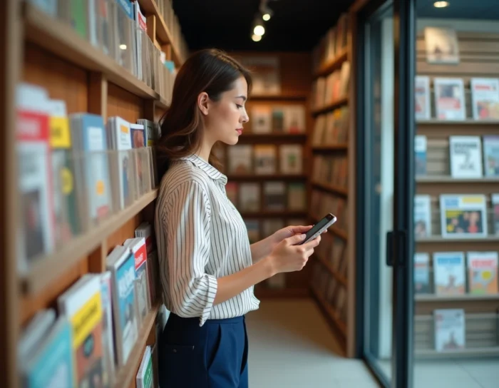 Jeune femme comparant les magazines en kiosque avec la page dédiée de Carré Presse sur son smartphone