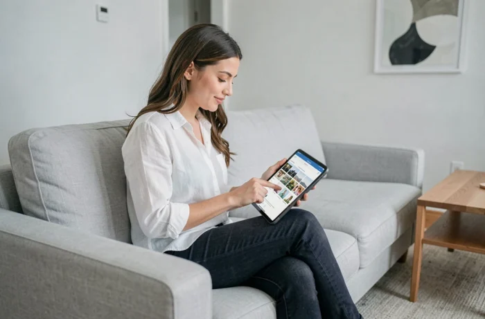 Jeune femme organisant sa bibliothèque de photos Amazon Photos sur une tablette dans un salon minimaliste