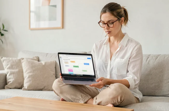 Jeune femme étudiant la structure d'un plan de site web sur un laptop dans un salon minimaliste scandinave