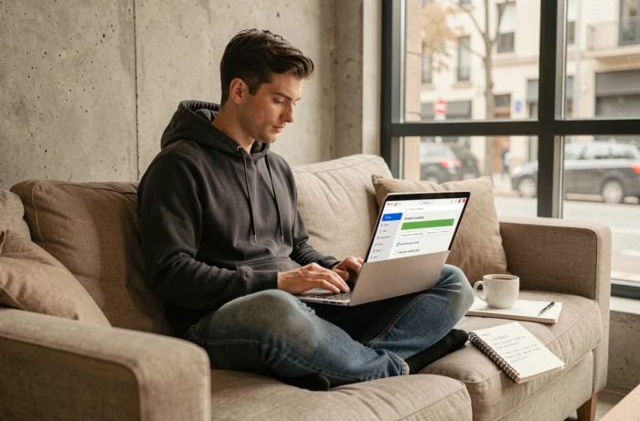 Jeune homme utilisant un correcteur grammatical en ligne pour apprendre l'orthographe de ayant