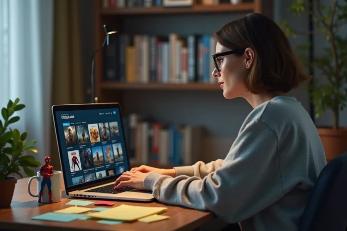 Une femme avec des lunettes consulte une liste chronologique des films Spider-Man Tom Holland sur son ordinateur portable dans un bureau à domicile