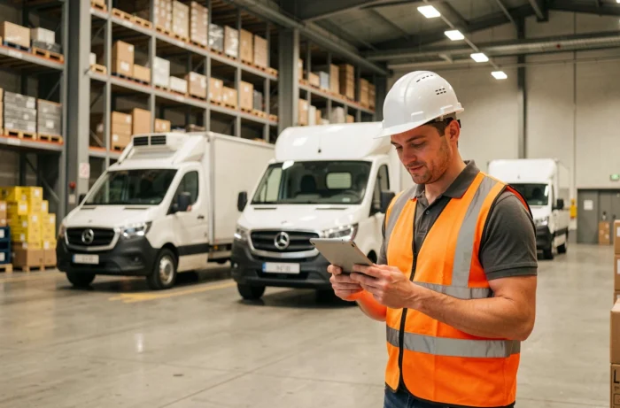Professionnel de la logistique inspectant une flotte de camions électriques dans un entrepôt, actualités transport 2024