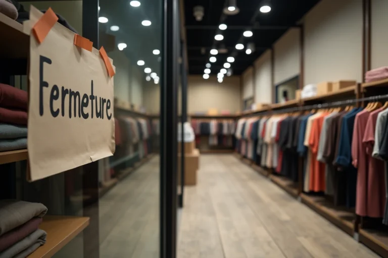 Intérieur d'un magasin de vêtements Christine Laure en cours de fermeture avec rayons vides et panneau fermeture