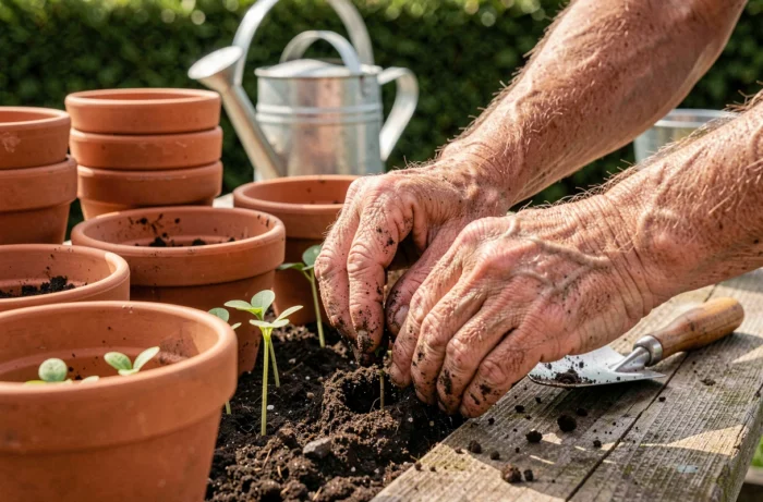 Mains d'un jardinier expérimenté qui repique des plants en godets sur un établi de jardinage en bois