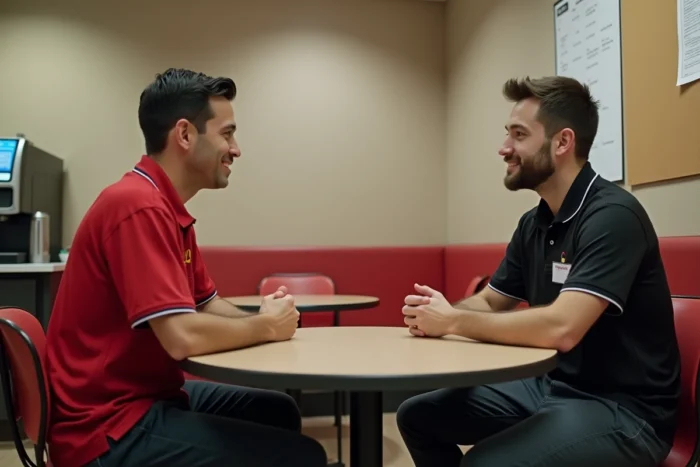 Manager McDonald's en réunion avec un employé dans la salle de pause du restaurant