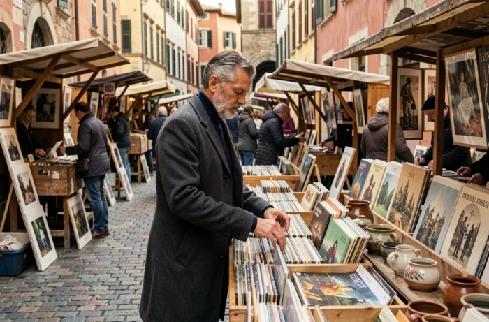 Homme parcourant des disques vinyles et livres d'art dans un marché culturel en plein air sur une rue pavée européenne