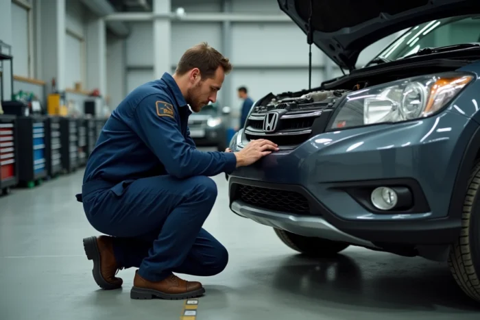 Mécanicien inspectant le moteur d'un SUV d'occasion dans un garage professionnel