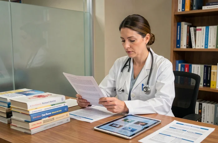 Médecin professionnelle consultant des ressources médicales sur tablette et documents imprimés à son bureau