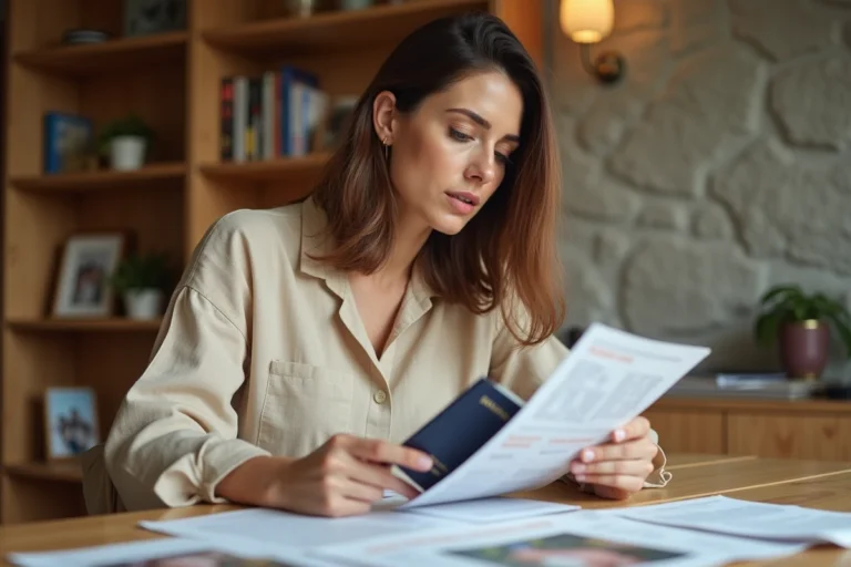 Mère préparant les documents de voyage pour partir en vacances avec son enfant, passeport et formulaires sur la table