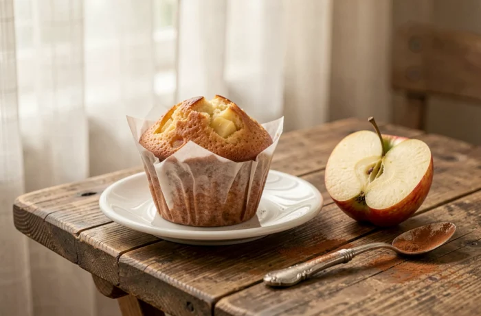 Muffin aux pommes individuel sur assiette blanche avec une pomme fraîche et cannelle sur table en chêne bistrot