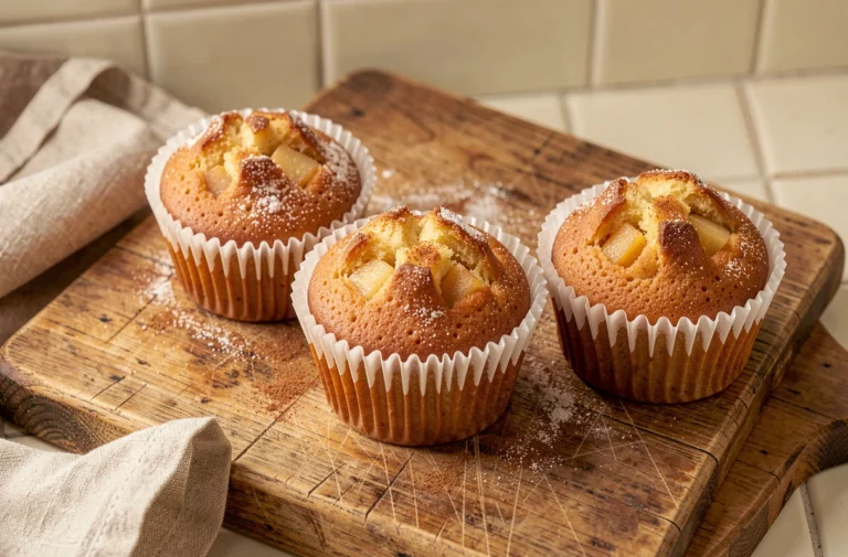 Trois muffins aux pommes dorés façon Cyril Lignac posés sur une planche en bois rustique dans une cuisine française
