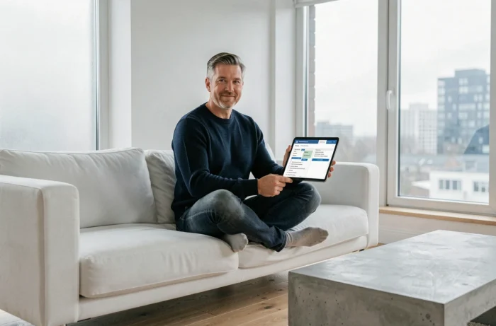 Homme parcourant le sitemap d'un cabinet d'architecture sur tablette dans un salon minimaliste scandinave