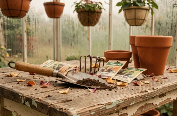 Outils de jardinage vintage et pots en terracotta sur un établi de rempotage dans une serre ancienne