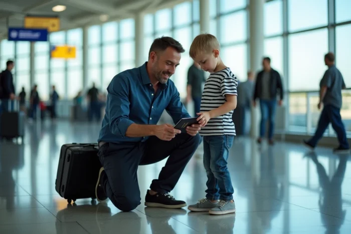 Père et enfant consultant un passeport dans un terminal d'aéroport avant leur départ en voyage
