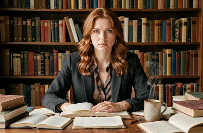 Femme aux cheveux auburn concentrée dans un bureau vintage rempli de livres, illustrant les personnages féminins emblématiques de séries TV commençant par B