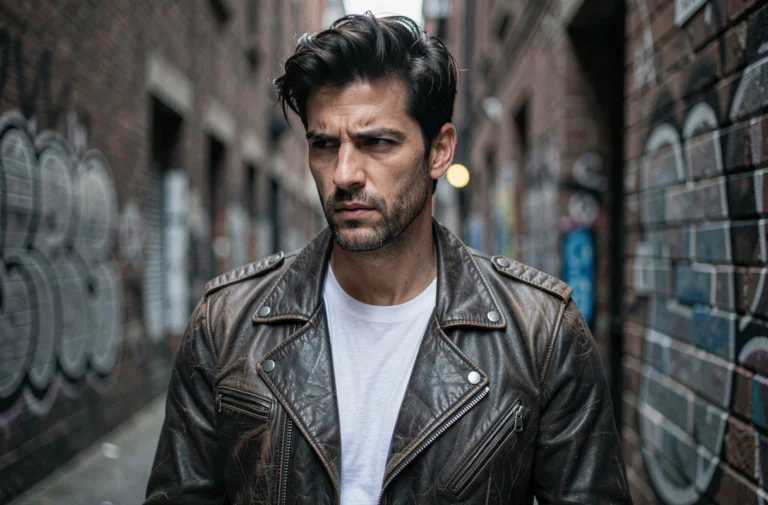 Portrait d'un personnage masculin mystérieux en veste de cuir dans une ruelle urbaine, évoquant les personnages iconiques de séries télévisées commençant par B
