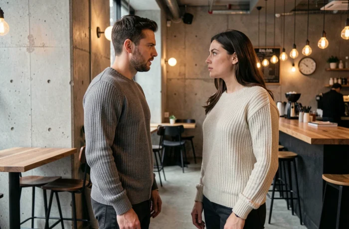 Duo de personnages dans un café urbain moderne lors d'une conversation intense, représentant les duos mémorables des séries télévisées dont les personnages commencent par B