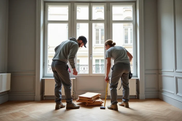 Deux artisans posant un parquet en bois dans un appartement haussmannien rénové à Nantes