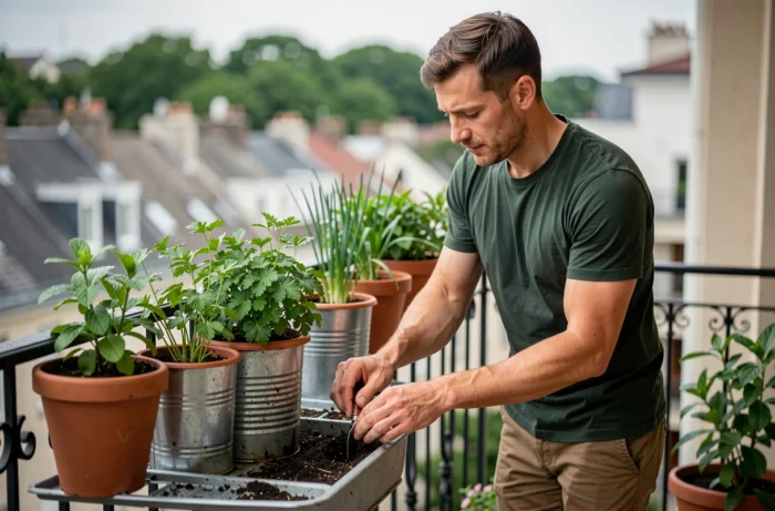 Homme créant un potager urbain sur balcon avec des plants de légumes et herbes aromatiques dans des pots en terre cuite