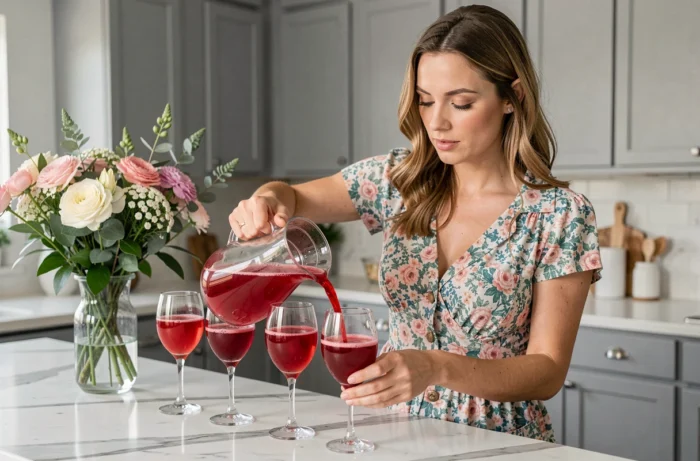 Femme versant un grand pichet de cocktail Jacqueline dans des verres sur un comptoir de cuisine moderne pour une réception