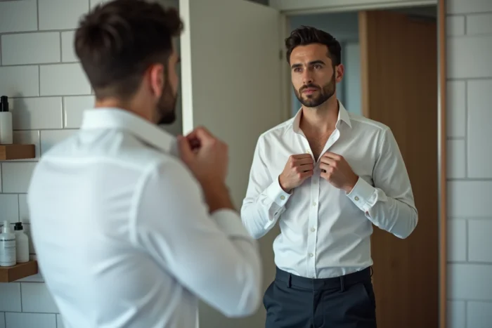 Homme se préparant avec soin dans sa salle de bain avant un troisième rendez-vous romantique important
