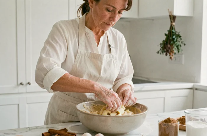 Femme préparant la pâte à muffins aux pommes dans une cuisine moderne parisienne avec tablier en lin