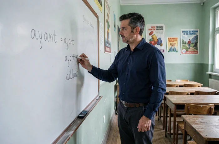 Professeur écrivant les mots ayant et aillant au tableau dans une salle de classe française