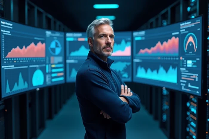 Professionnel de la tech analysant des tableaux de bord IA sur un grand écran incurvé dans une salle de serveurs