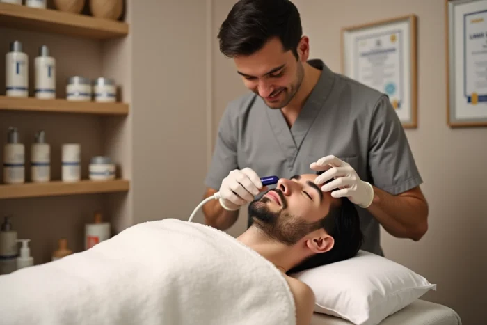 Professionnel de l'esthétique réalisant un soin du visage avec un appareil spécialisé sur un client masculin dans une cabine de traitement