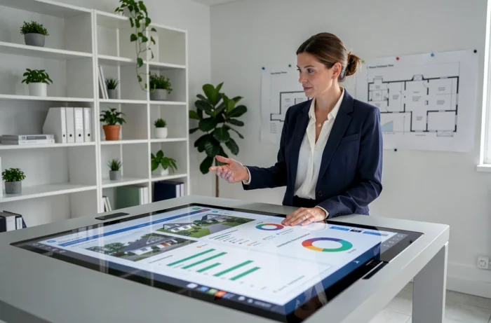 Professionnelle de l'immobilier utilisant un tableau de bord de logiciel promoteur sur écran tactile