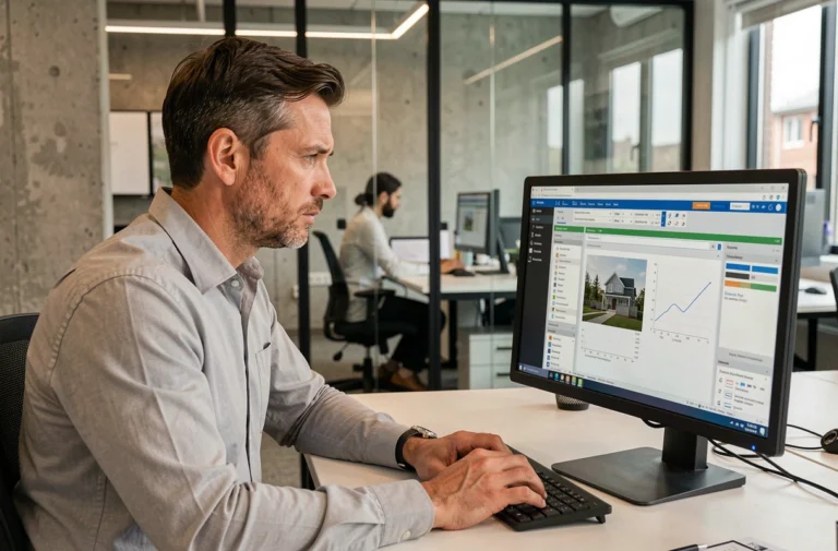 Promoteur immobilier analysant un logiciel de gestion sur ordinateur dans un bureau moderne
