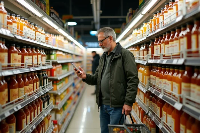 Rayon de supermarché avec des bouteilles d'alcool à fruits alignées et un client lisant une étiquette