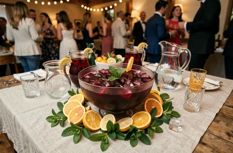 Grand bol à punch de cocktail Jacqueline de 10 litres entouré d'agrumes et de menthe fraîche sur une table en bois décorée pour une fête