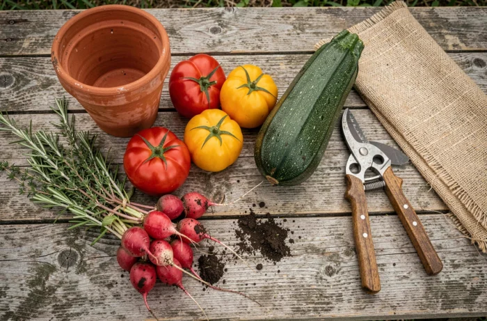 Récolte de légumes frais du potager disposés sur une table en bois avec des herbes aromatiques et des outils de jardinage