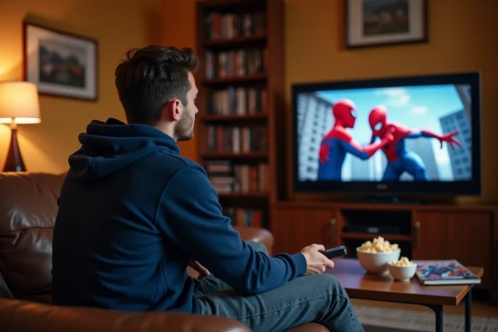 Un jeune homme regarde un film Spider-Man avec Tom Holland dans son salon confortable, tenant une télécommande face à un écran de télévision