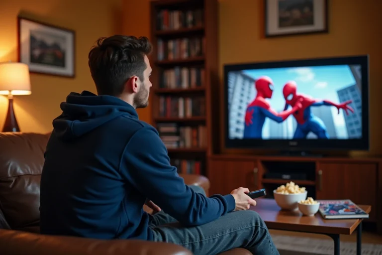 Un jeune homme regarde un film Spider-Man avec Tom Holland dans son salon confortable, tenant une télécommande face à un écran de télévision