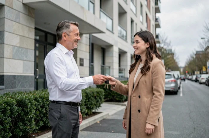 Consultant immobilier remettant les clés d'un appartement à une jeune locataire devant un immeuble résidentiel moderne