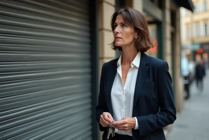 Responsable de magasin Christine Laure devant une boutique fermée dans un centre-ville français