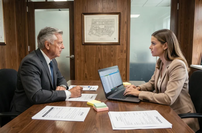 Deux promoteurs immobiliers comparant des logiciels de gestion immobilière en réunion