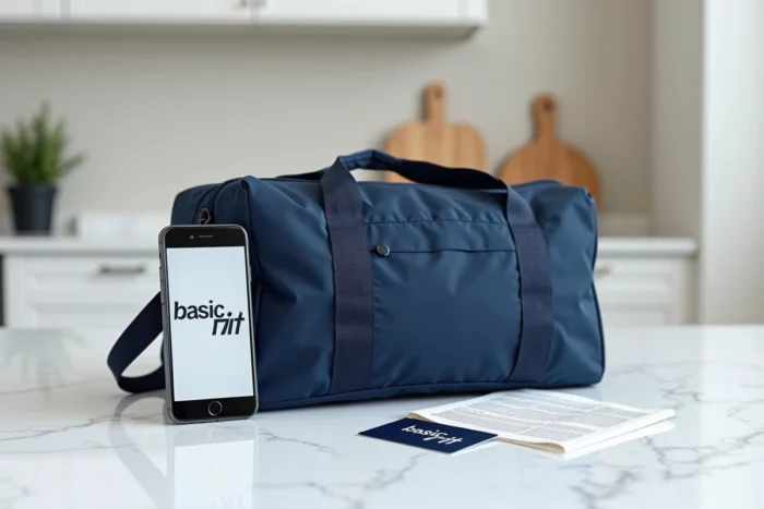 Sac de sport Basic Fit gratuit posé sur un comptoir avec smartphone affichant l'application Basic Fit et carte de fidélité