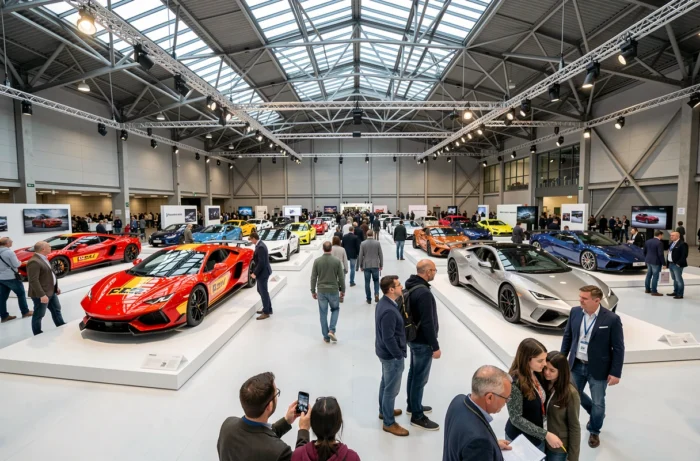Salon automobile international avec des visiteurs découvrant des concept cars et véhicules de production exposés dans un grand hall moderne