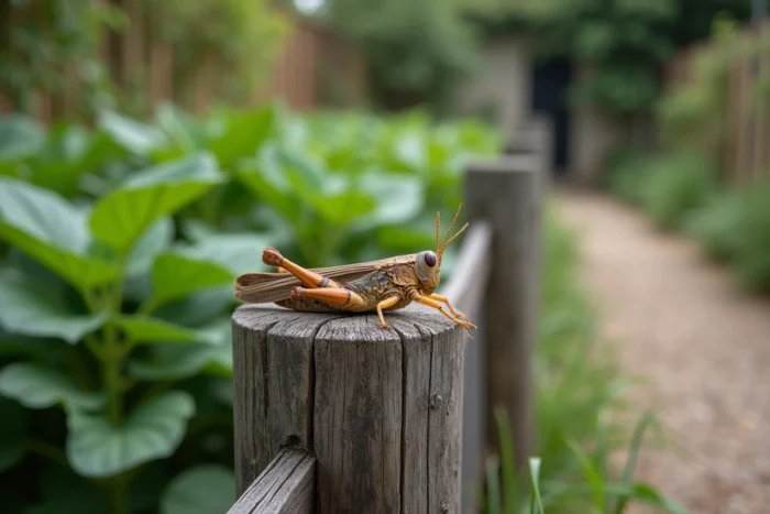 Sauterelle marron camouflée sur un vieux poteau de clôture en bois dans un jardin potager