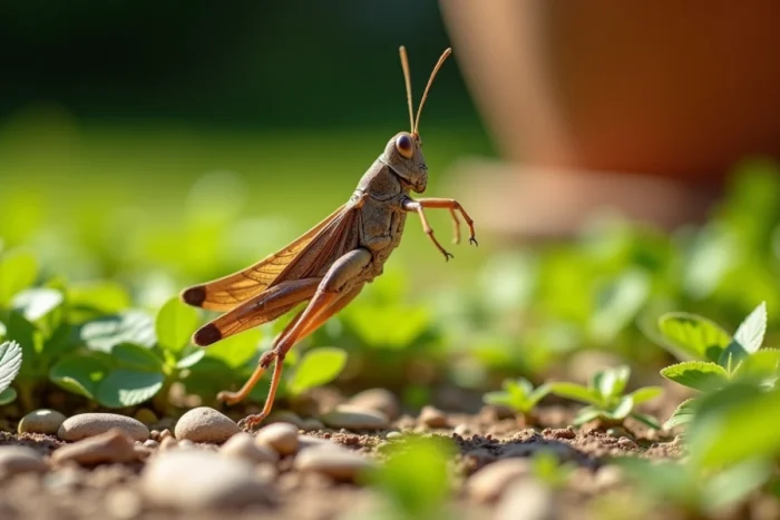 Sauterelle marron en plein saut au-dessus d'un parterre de trèfle dans un jardin