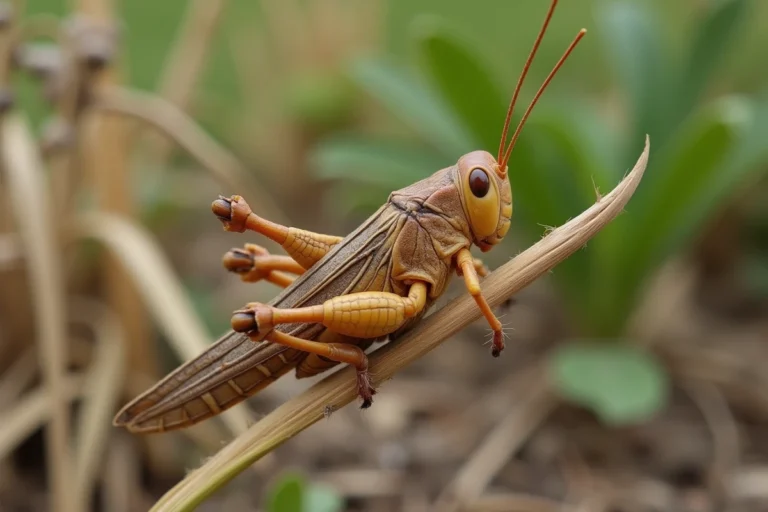 Sauterelle marron posée sur une tige d'herbe sèche dans un jardin en fin d'été
